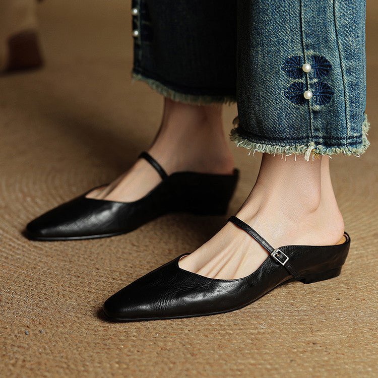 Pointed Toe Mules Genuine Leather Mary Jane Strap - Black