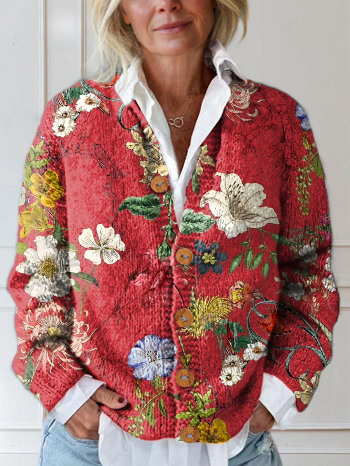 Quilted Floral Cardigan Button-Front Vintage Style Relaxed - Red