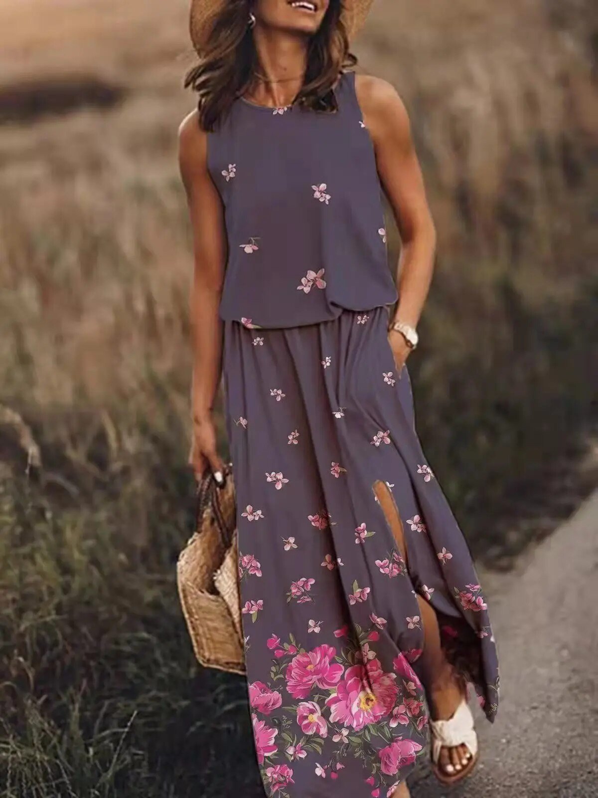 Sleeveless Maxi Dress Elastic Waist Bohemian Summer - Purple