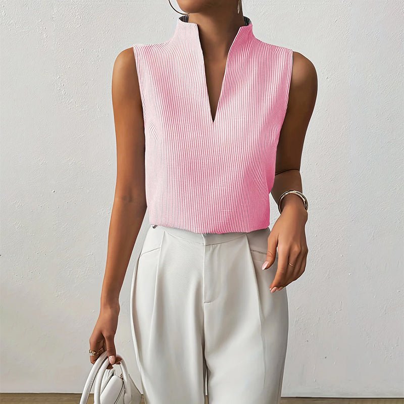 Sleeveless Striped V-Neck Blouse Stand Collar - Pink