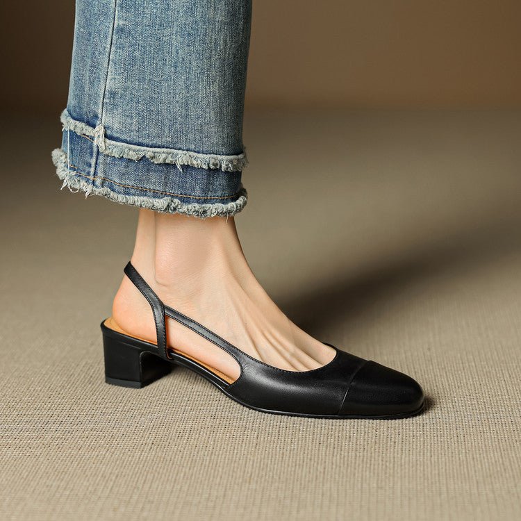 Slingback Pumps Genuine Leather Almond Toe Block Heel - Black