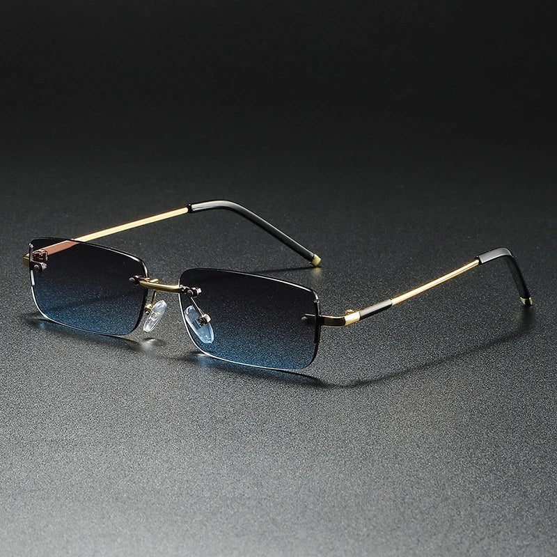 Sunglasses Rimless Rectangular Gold Gradient Tinted - Tea Blue