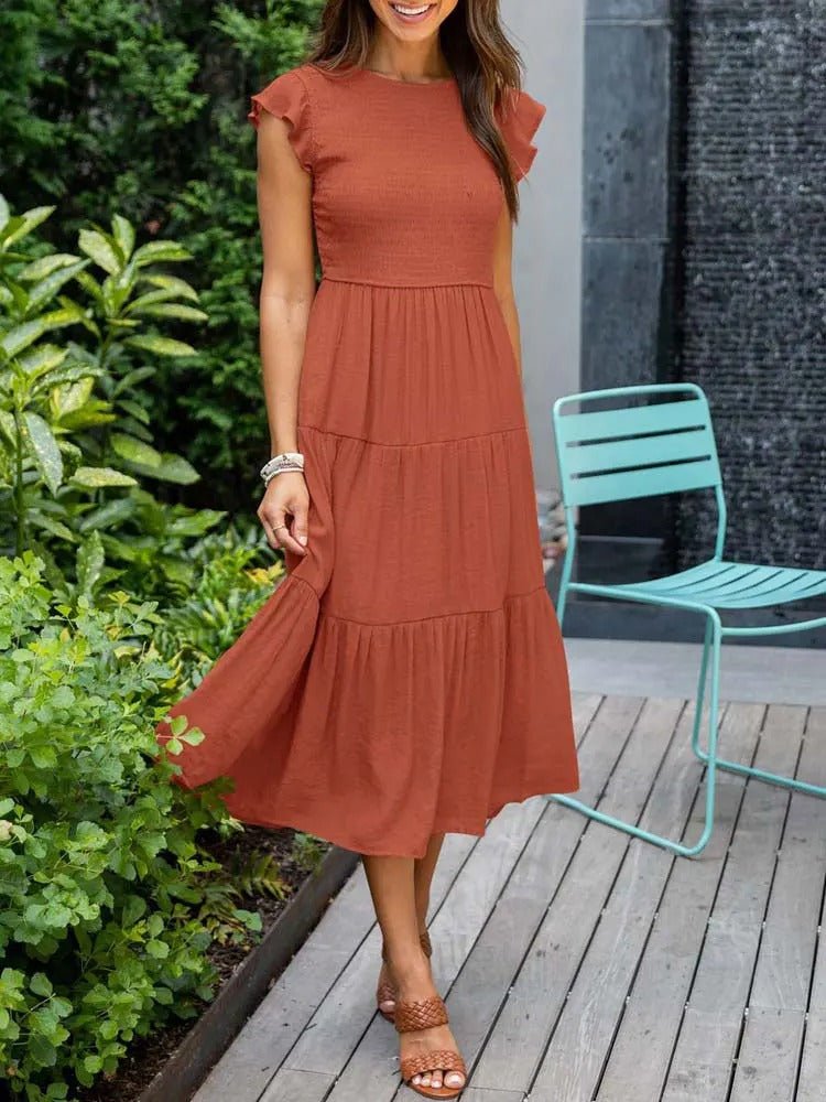 Tiered Maxi Dress Cap Sleeve Tummy Control - Orange