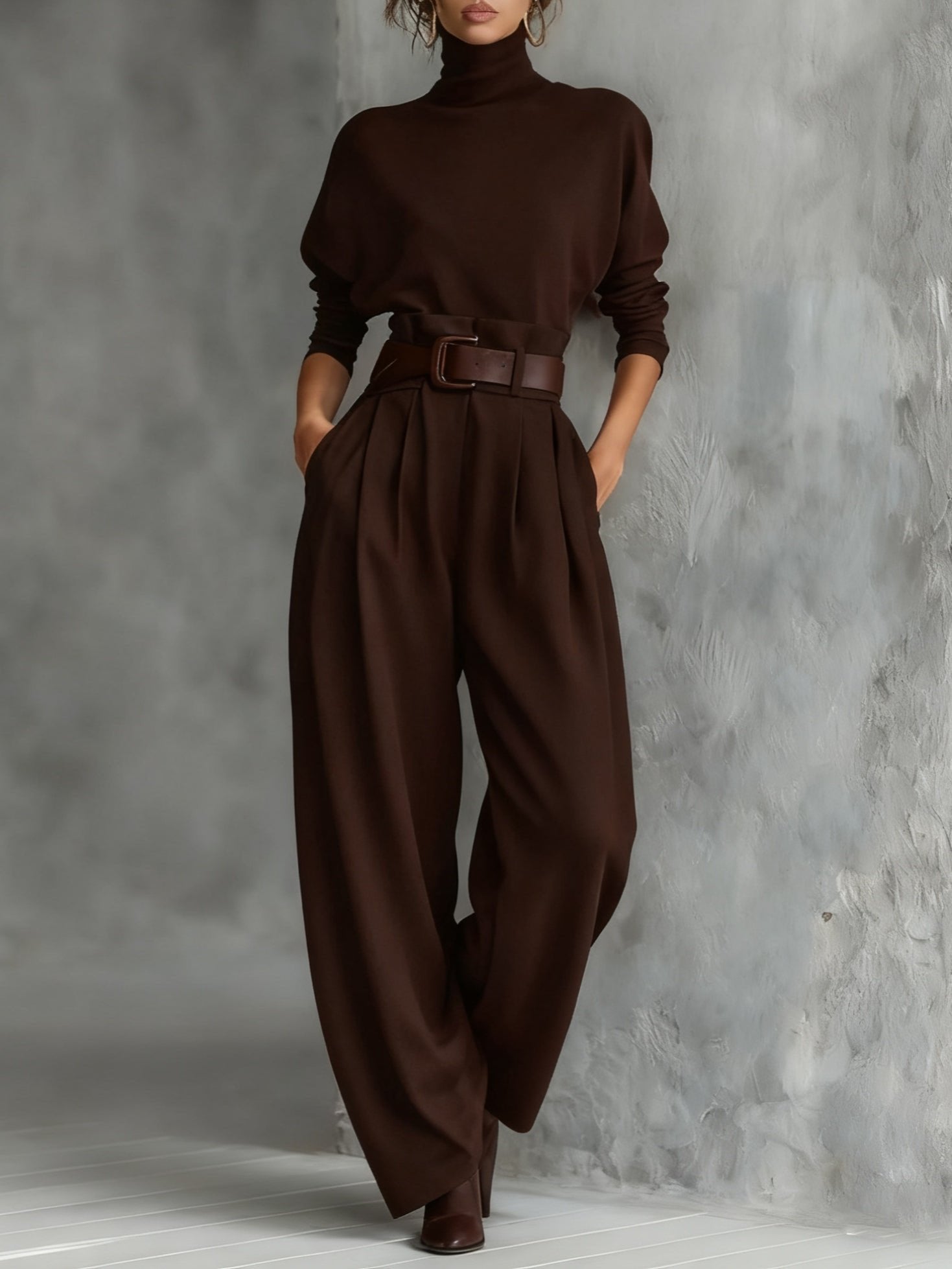 Turtleneck Jumpsuit Set Long Sleeve High Waist Belt - Brown