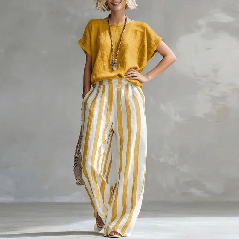 Two Piece Linen Set Wide Leg Pants Short Sleeve Top - Yellow