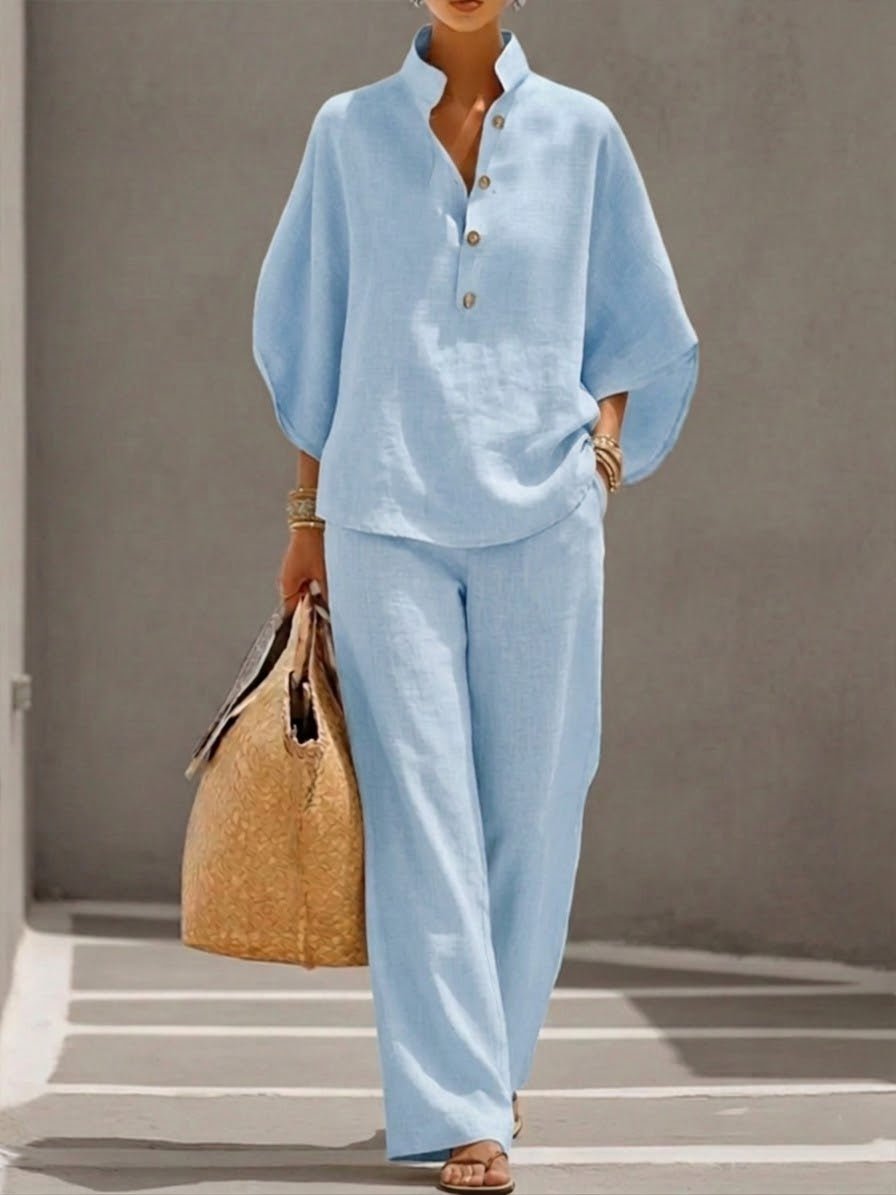 Two Piece Set Batwing Top Wide Leg Pants Elastic Waist - Light Blue