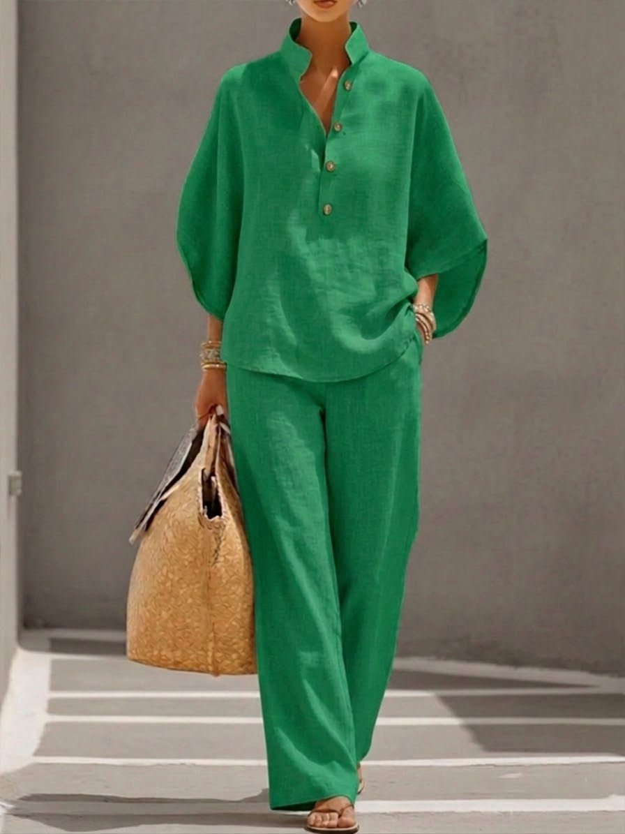 Two Piece Set Batwing Top Wide Leg Pants Elastic Waist - Green