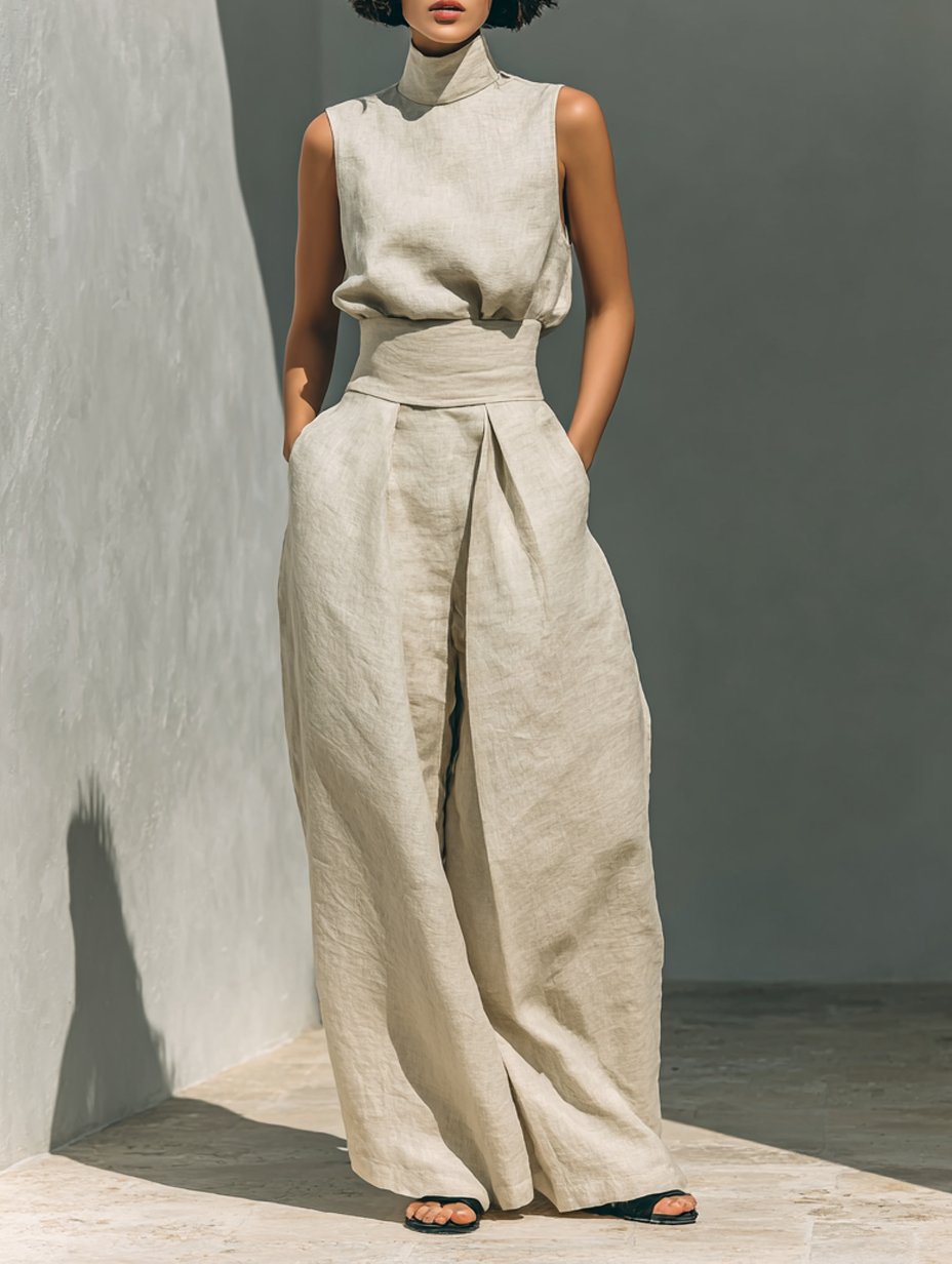 Two Piece Set Sleeveless Top Wide Leg Pants Linen - Khaki