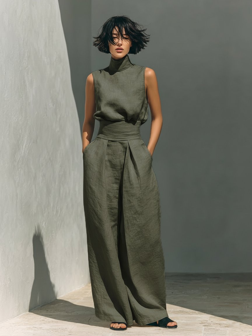 Two Piece Set Sleeveless Top Wide Leg Pants Linen - Militärgrün