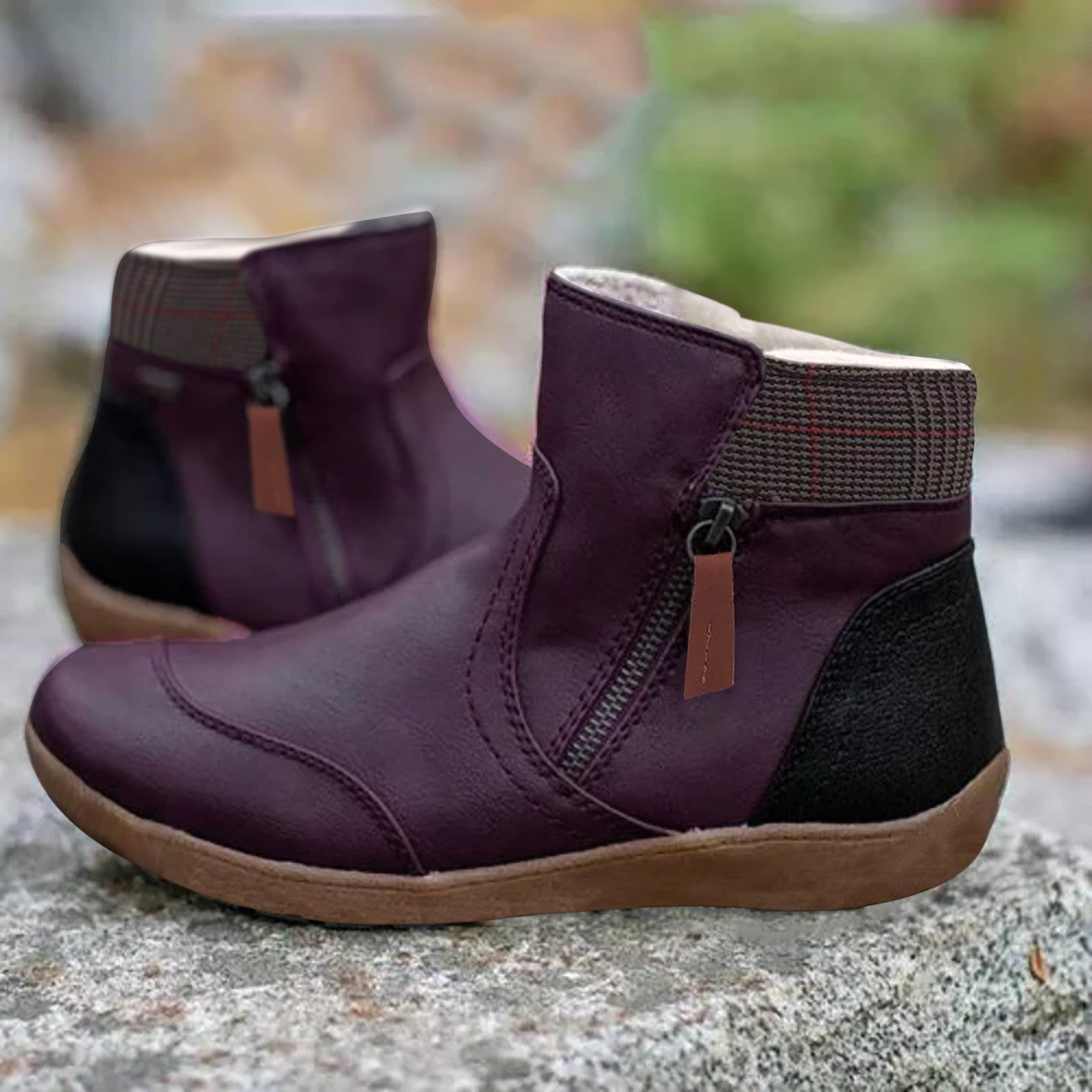 Waterproof Boots Ankle Leather Zipper Green Women's - Purple