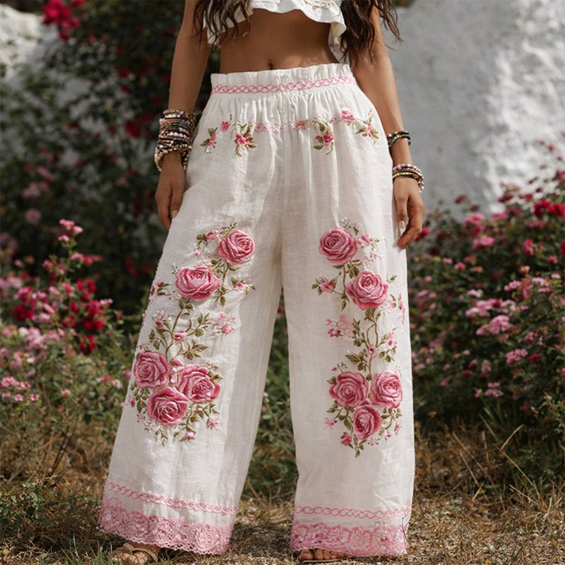 Wide Leg Pants Floral Embroidered Drawstring - White
