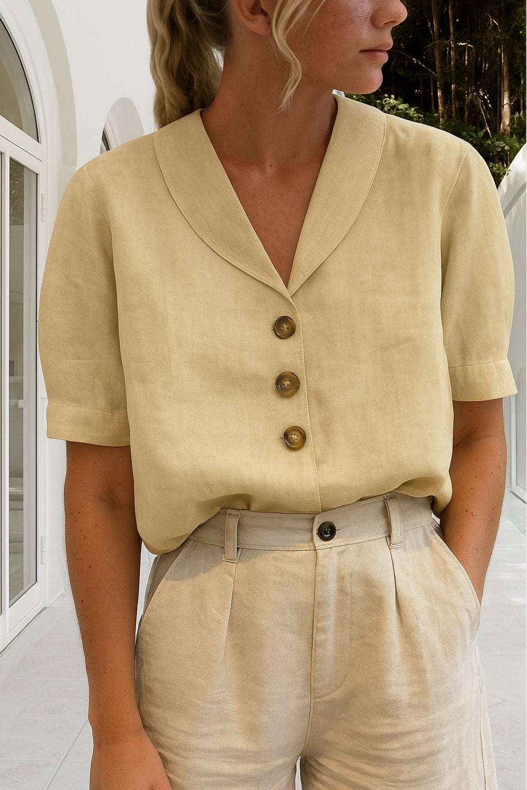 Women's Button-Front Blouse Short Sleeve V-Neck Top - Beige