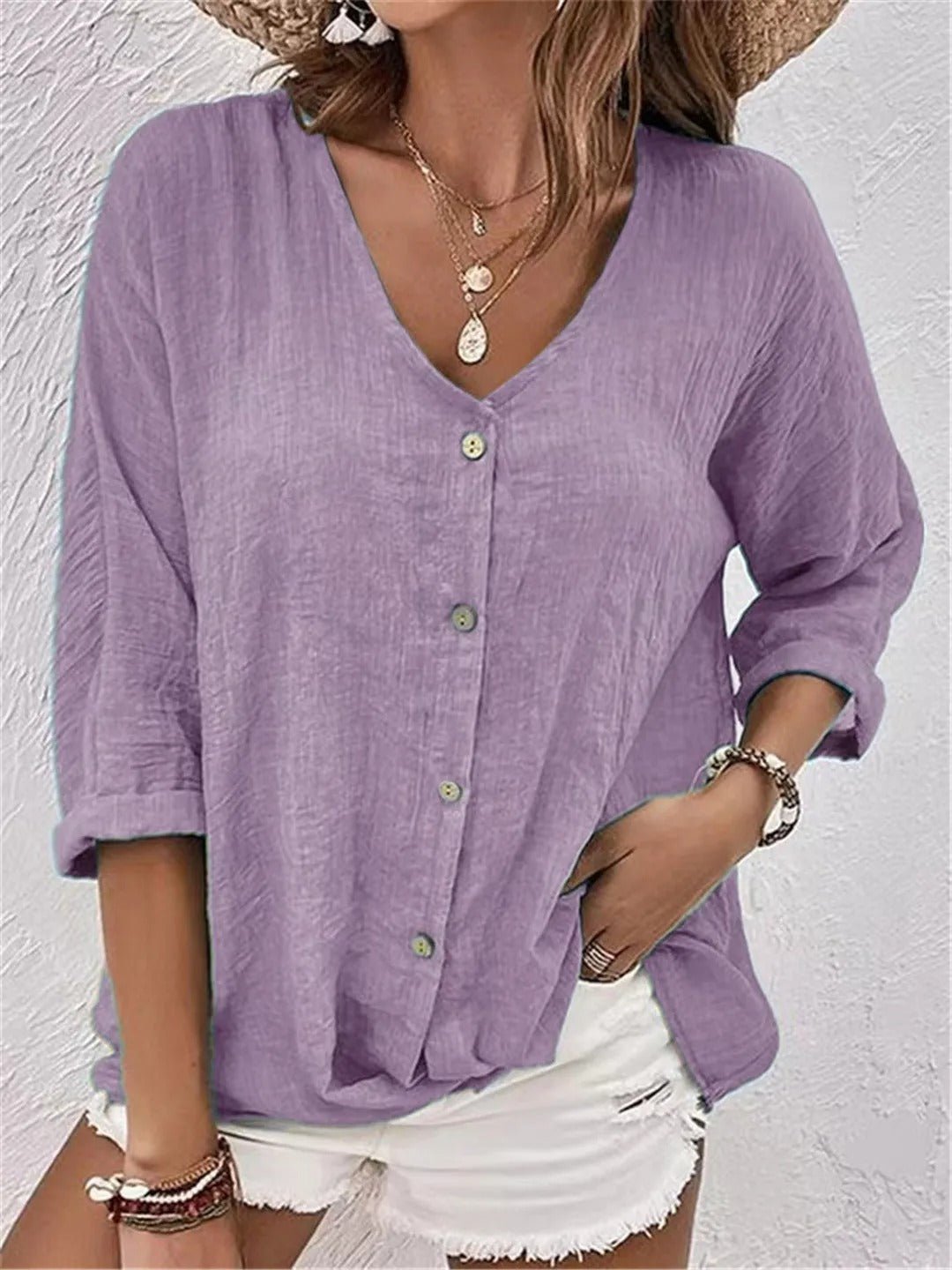 Women's Cotton V-Neck Button-Front Top Three-Quarter Sleeve - Light Purple