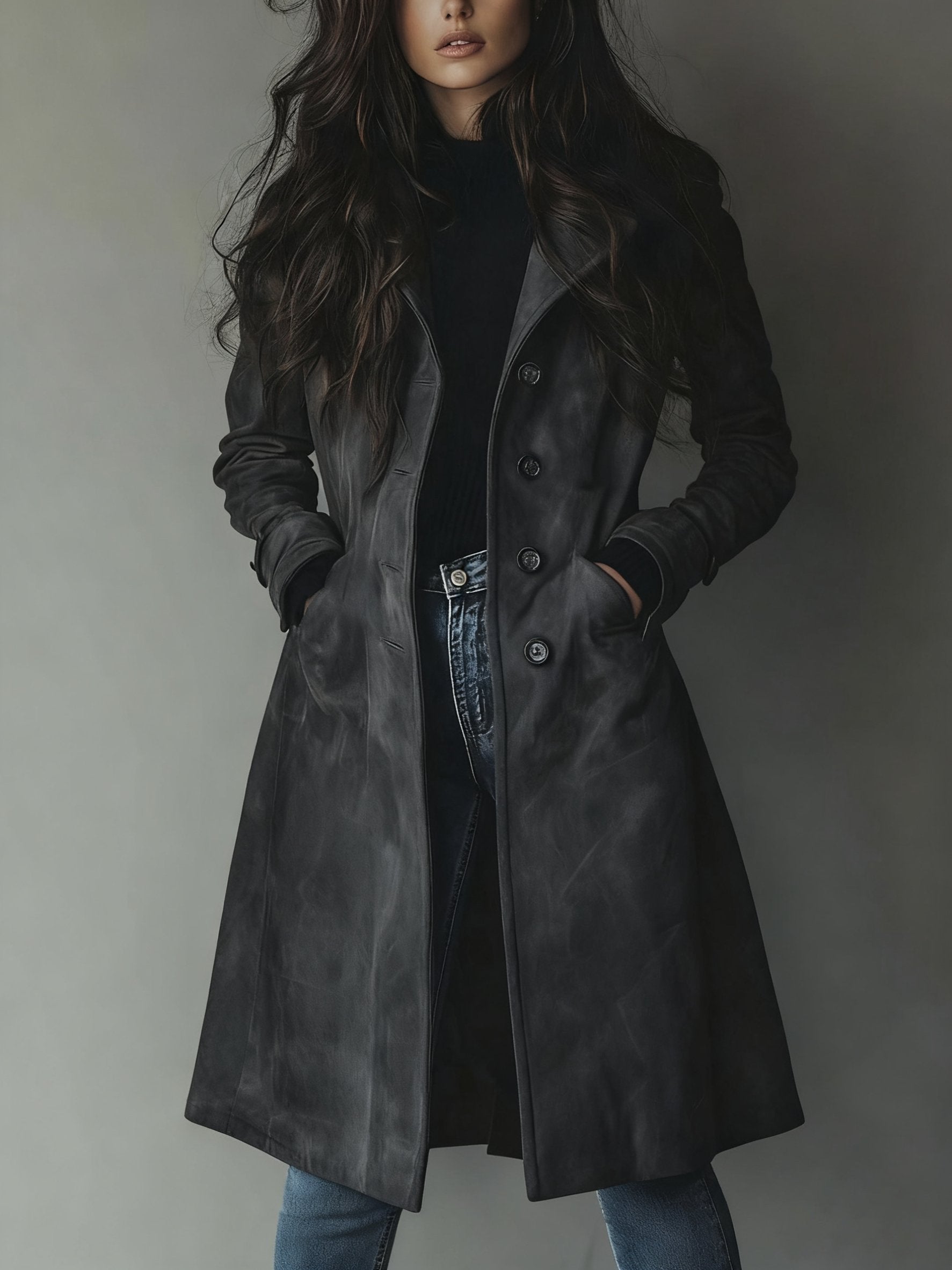 Women's Double-Breasted Trench Coat Classic Vintage Style - Dunkelgrau