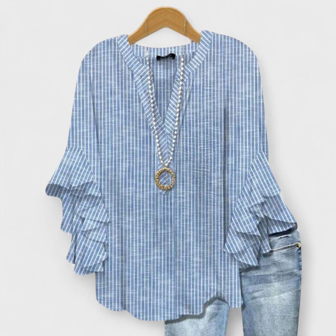 Women's Floral Blouse Ruffle Sleeves V-Neck Casual - Blue