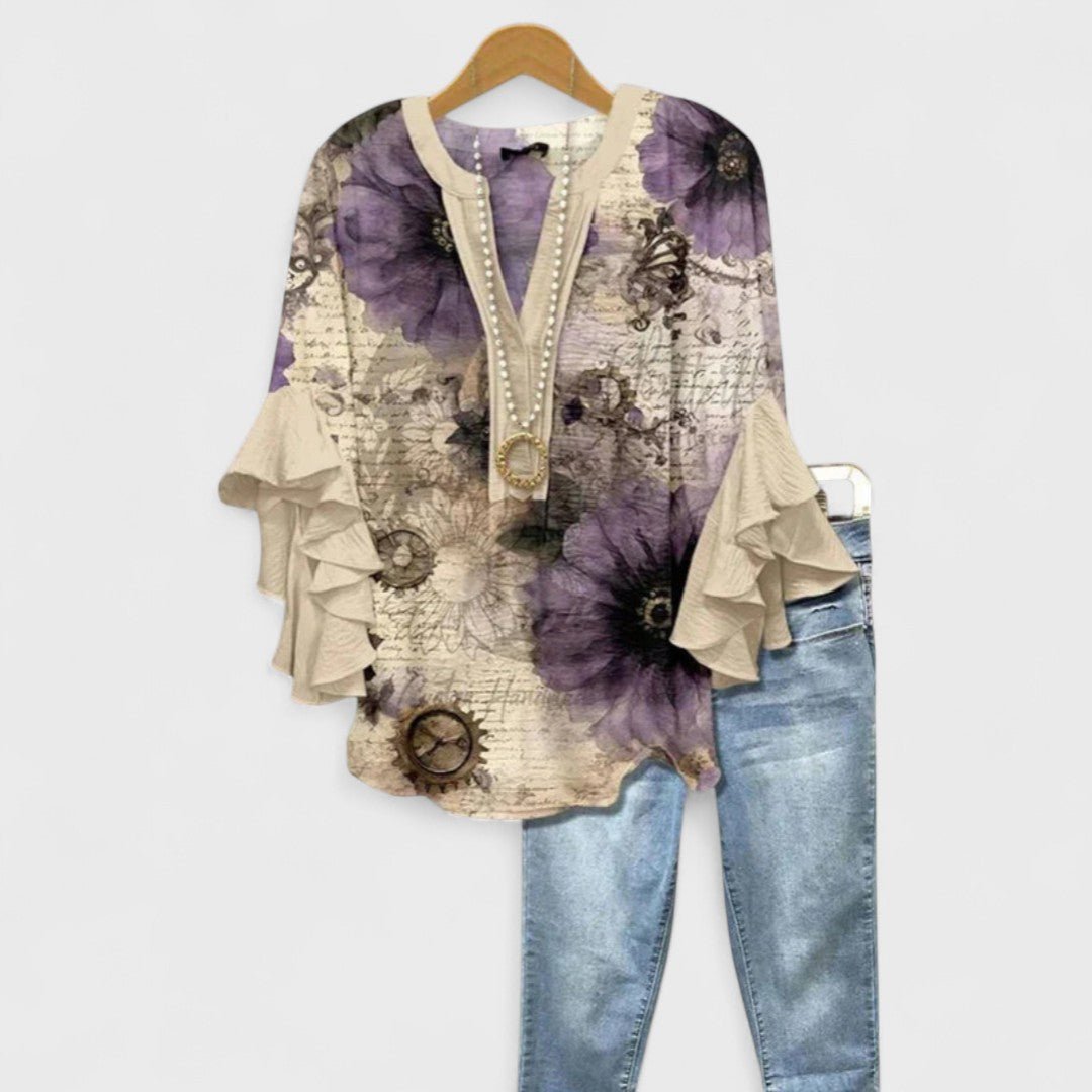 Women's Floral Blouse Ruffle Sleeves V-Neck Casual - Beige