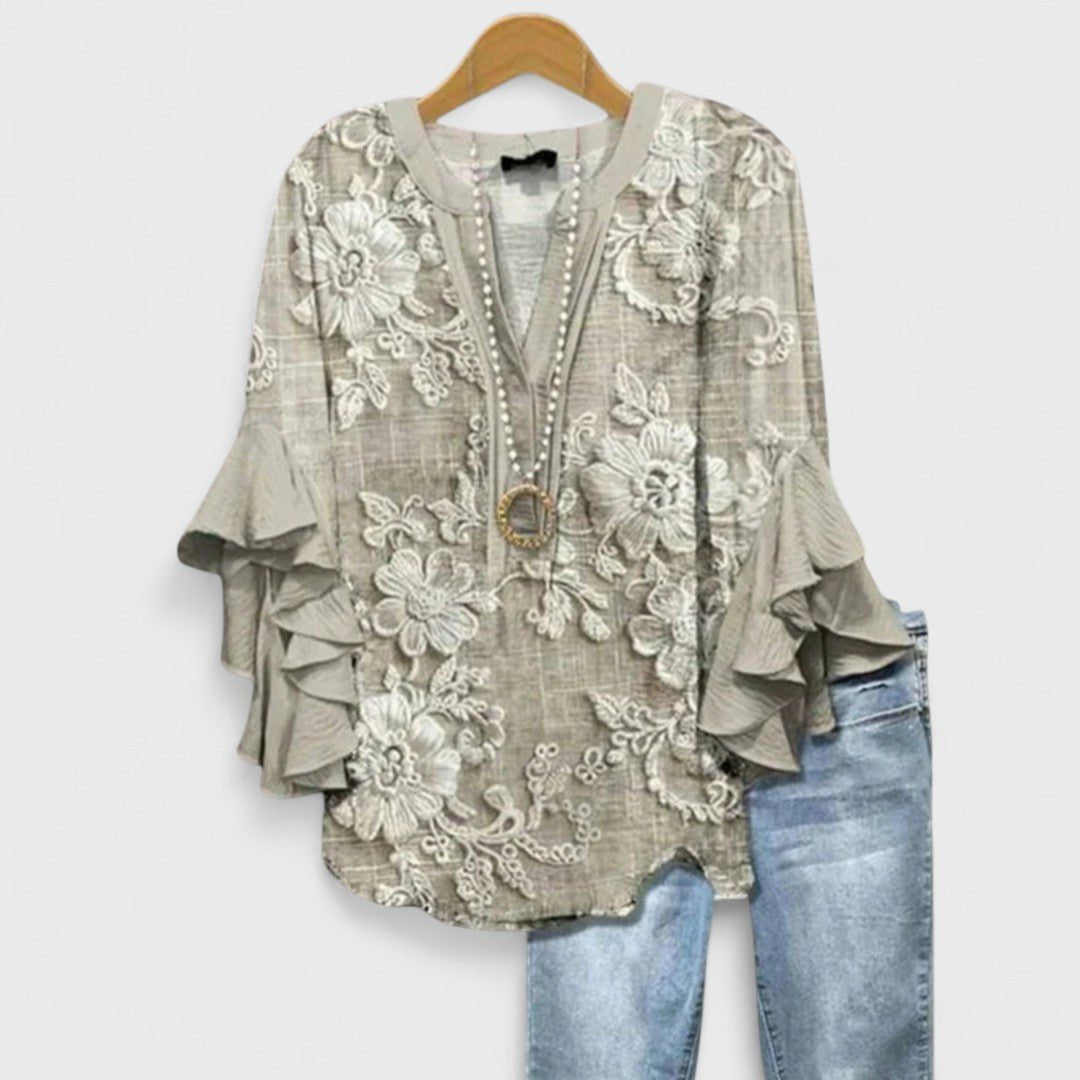 Women's Floral Blouse Ruffle Sleeves V-Neck Casual - Light Brown