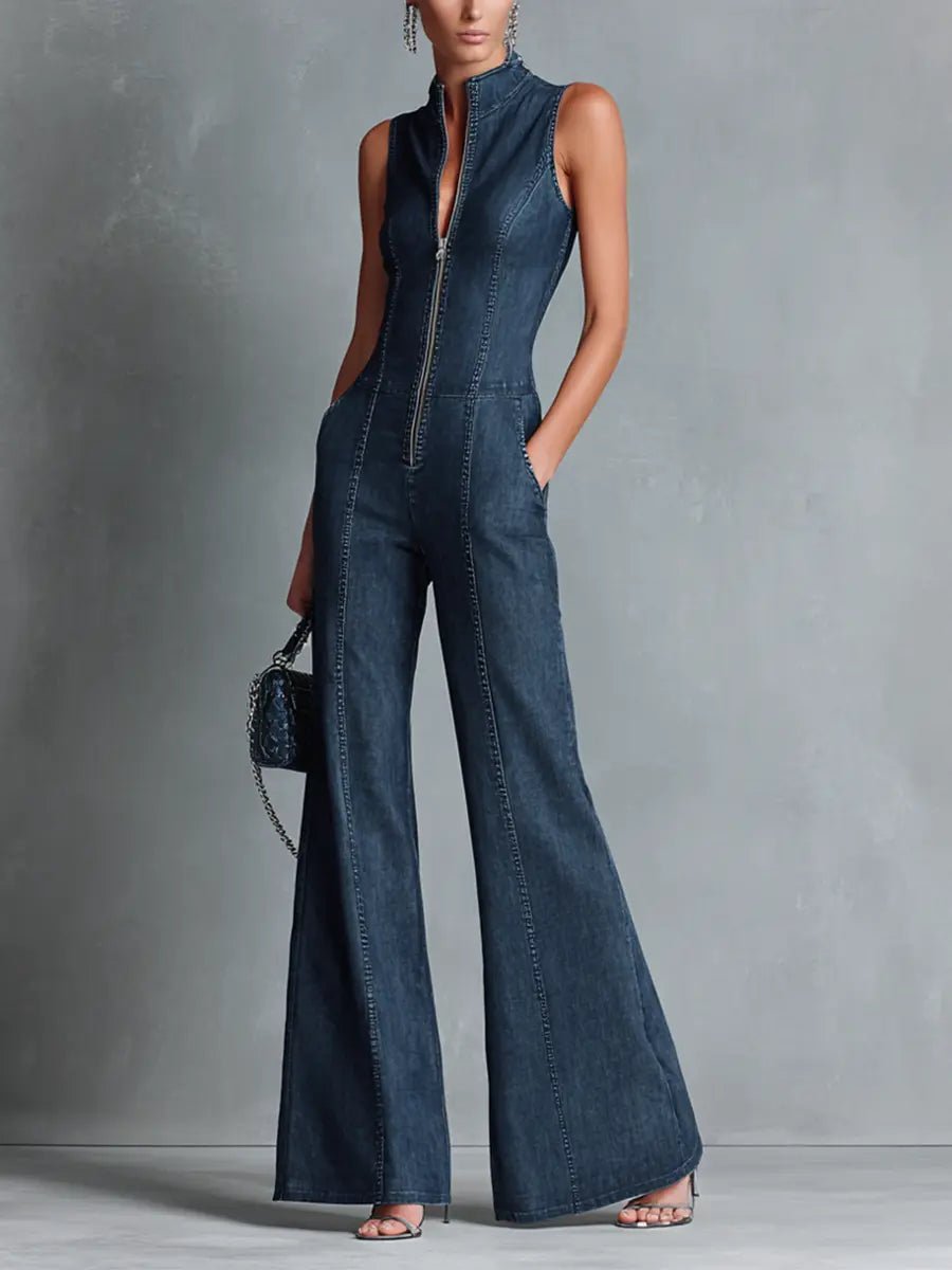 Women's High Neck Zip Front Flare Leg Denim Jumpsuit - Blue