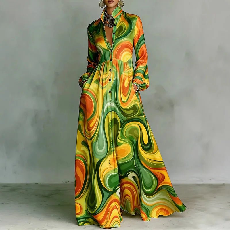Women's High-Waist Geometric Print Long-Sleeve Shirt Dress - Green