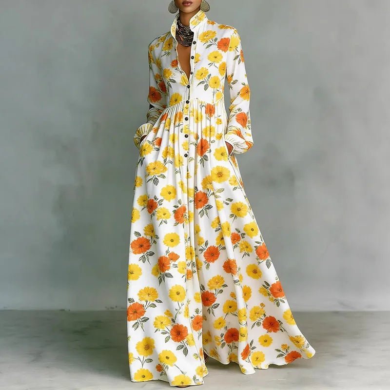 Women's High-Waist Geometric Print Long-Sleeve Shirt Dress - Yellow