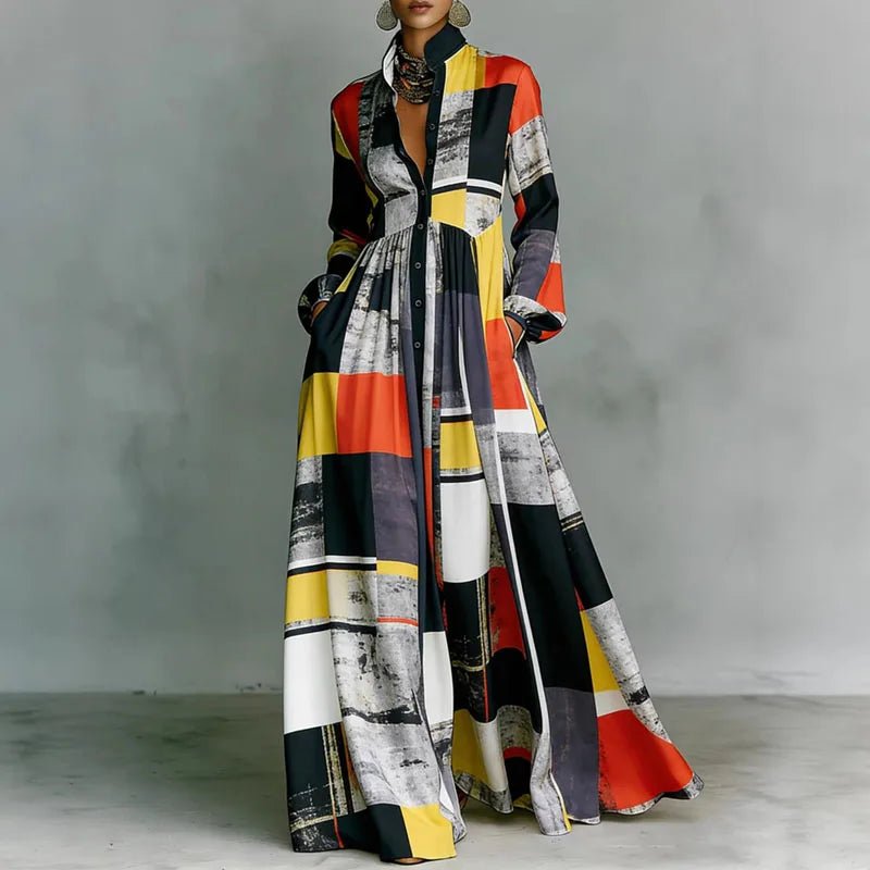 Women's High-Waist Geometric Print Long-Sleeve Shirt Dress - Red