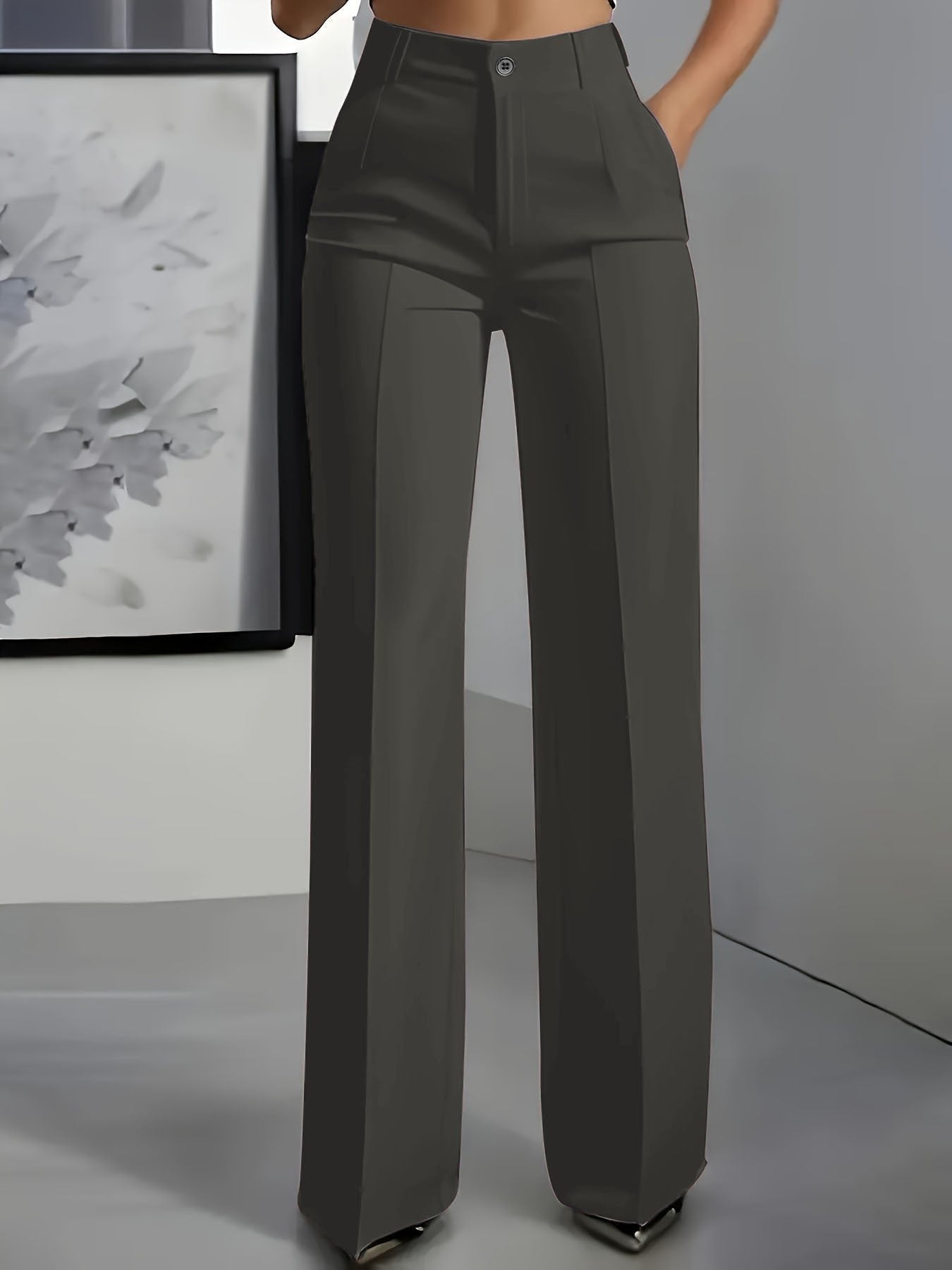 Women's High Waisted Wide Leg Pants Front Pleat Straight Fit - Dunkelgrau