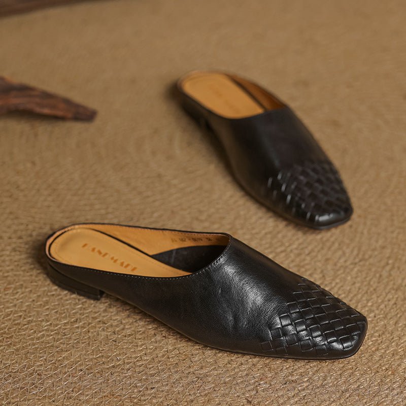 Women's Leather Mules Square Toe Woven Slip-On Flats - Black