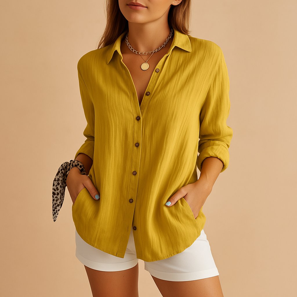 Women's Linen Button Down Blouse Long Sleeve Relaxed Fit - Yellow