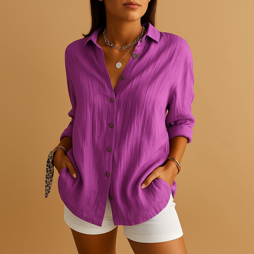 Women's Linen Button Down Blouse Long Sleeve Relaxed Fit - Lilla