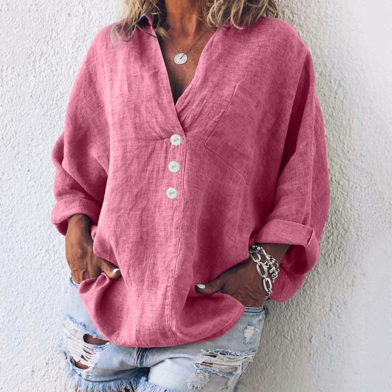 Women's Linen Button Down Blouse V-Neck Roll Tab Sleeves - Pink