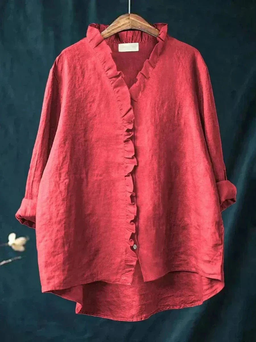 Women's Linen Ruffle Blouse Relaxed Fit Breathable Summer - Red