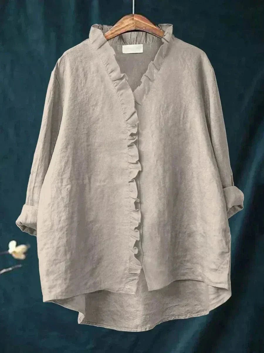 Women's Linen Ruffle Blouse Relaxed Fit Breathable Summer - Gray