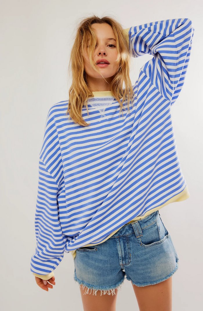Women's Oversized Drop-Shoulder Striped Contrast-Trim Sweatshirt - Sky Blue