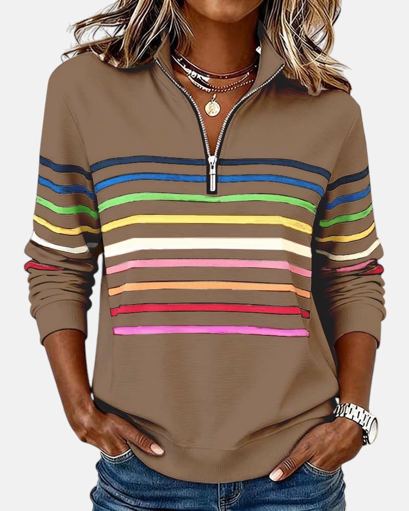 Women's Quarter Zip Sweatshirt Striped Long Sleeve Pullover - Khaki