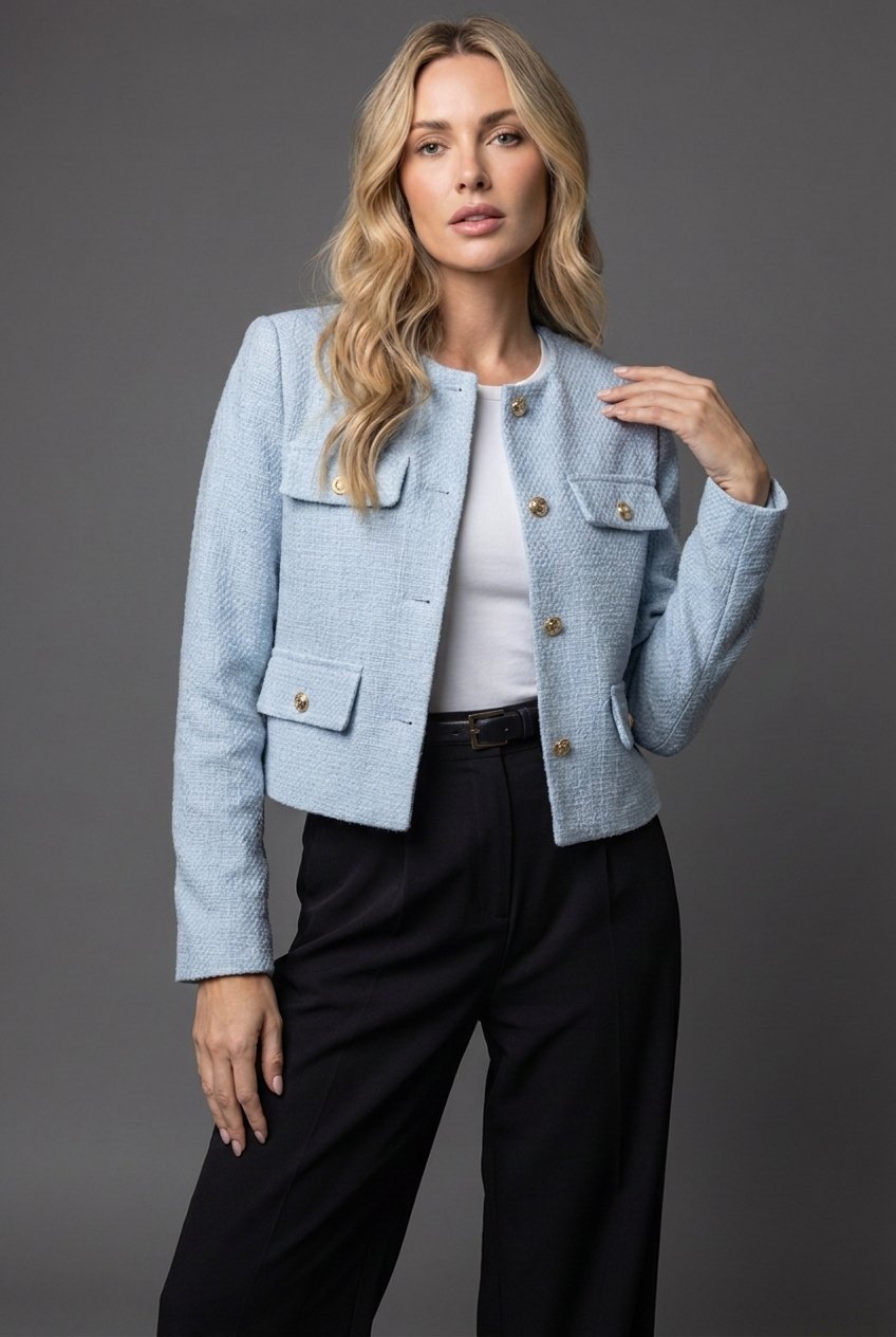 Women's Tweed Cropped Blazer Round Neck Gold Buttons - Light Blue