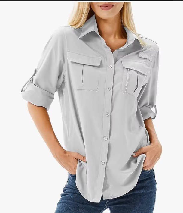 Women's UPF 50 Long Sleeve Hiking Shirt Roll-Up Safari - Light Gray