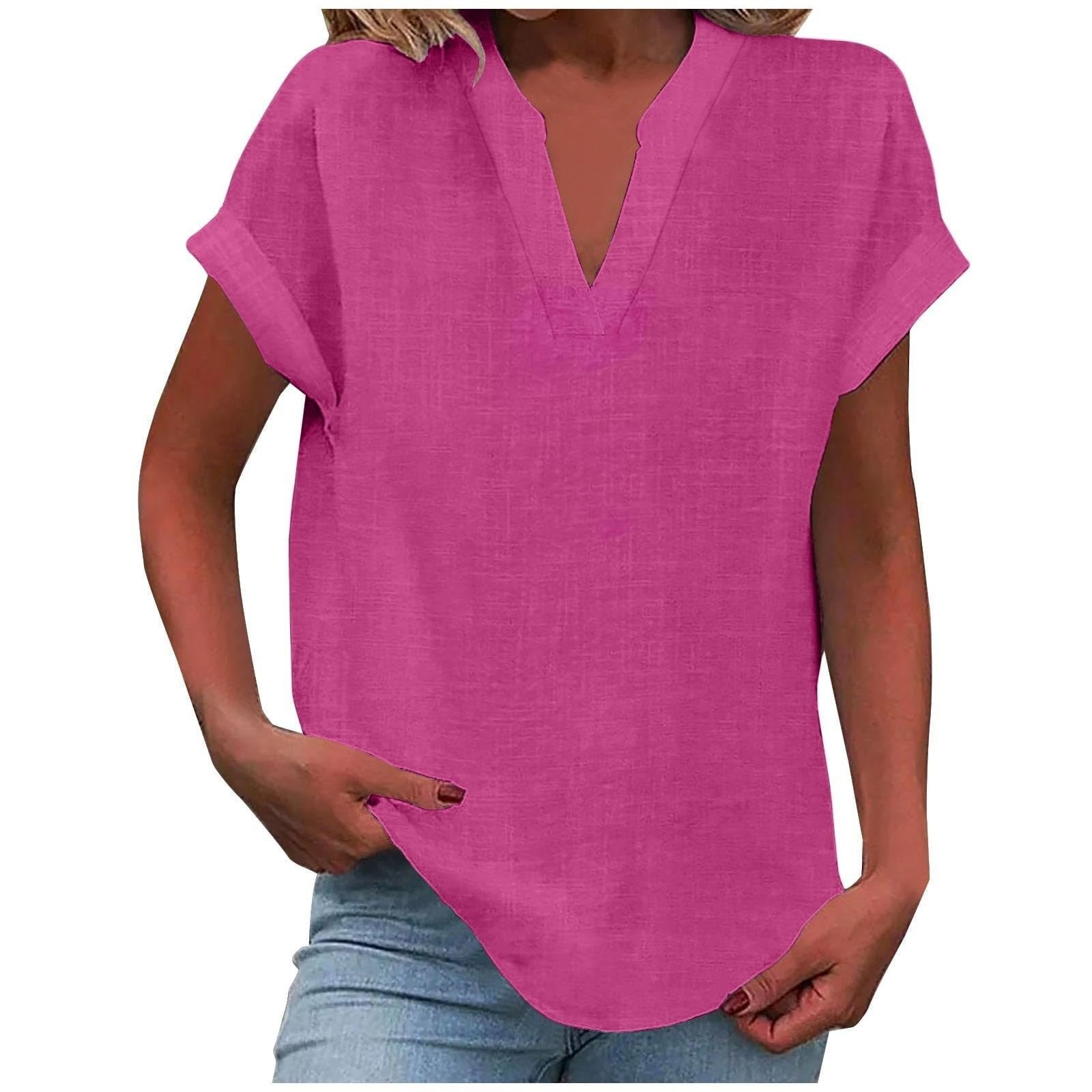 Women's V-Neck Blouse Relaxed Fit Short Sleeve - Bright Pink