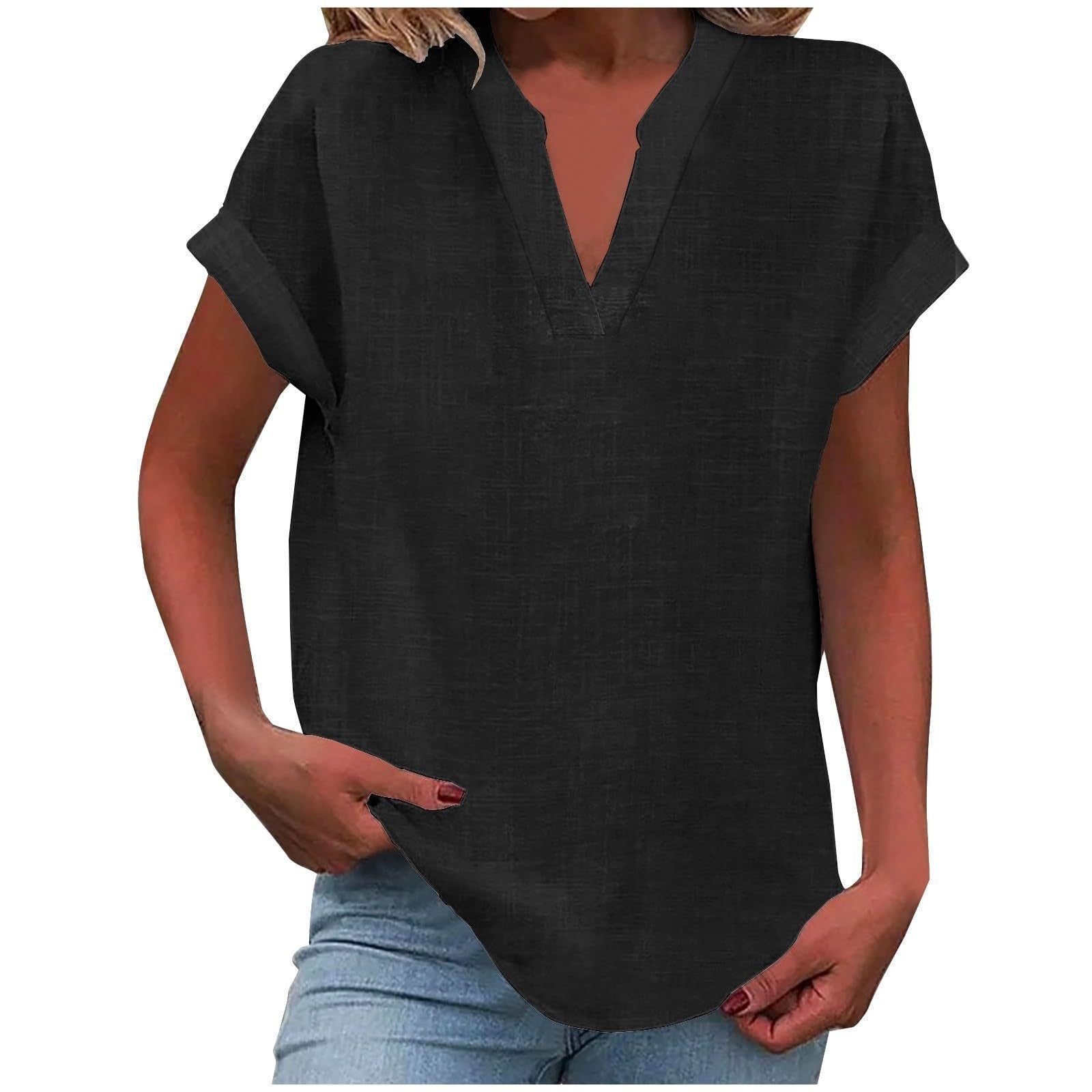 Women's V-Neck Blouse Relaxed Fit Short Sleeve - Black
