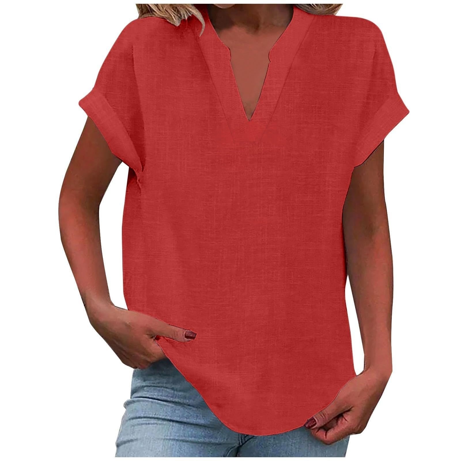Women's V-Neck Blouse Relaxed Fit Short Sleeve - Red