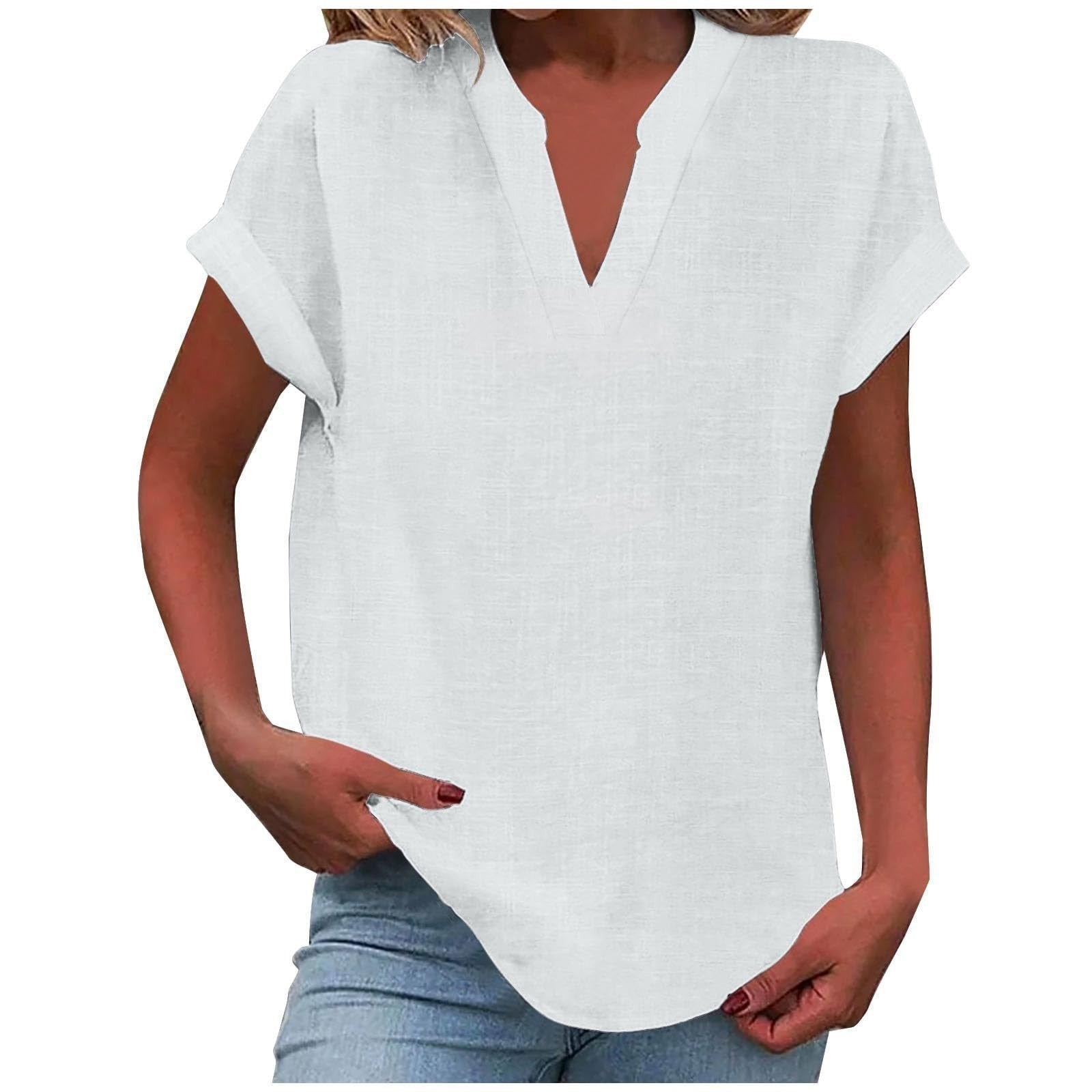 Women's V-Neck Blouse Relaxed Fit Short Sleeve - White