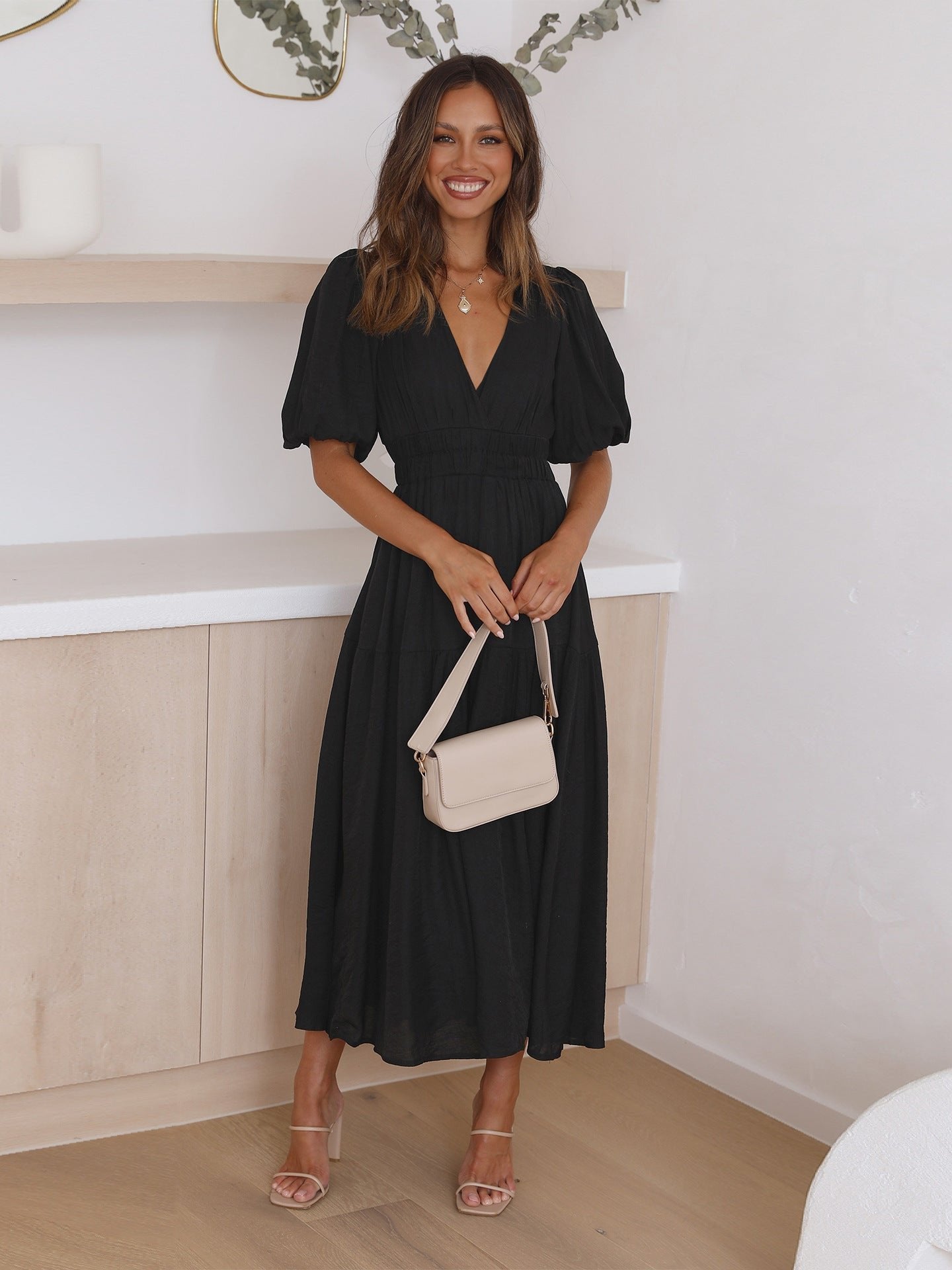 Women's V-Neck Puff Sleeve Midi Dress Smocked Waist - Black