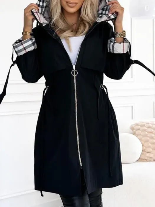 Women's Waterproof Windproof Hooded Trench Coat - Black